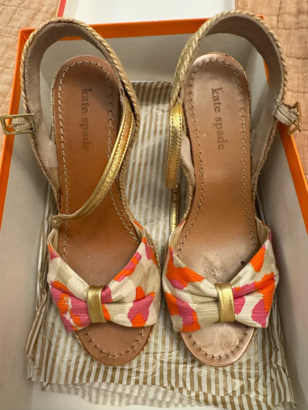 kate spade Gold Wedge Slingbacks with Pink & Orange Bow